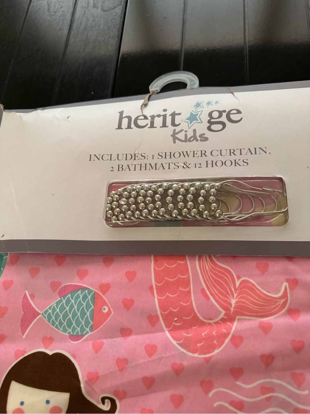 Heritage Kids Pink Mermaid Shower Curtain Set with Silver Hooks